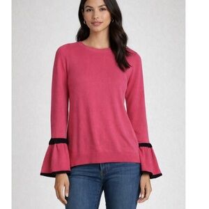 CECE Pink Knit Velvet Ribbon Tie Bell Sleeve Ribbed Crewneck Sweater NWOT